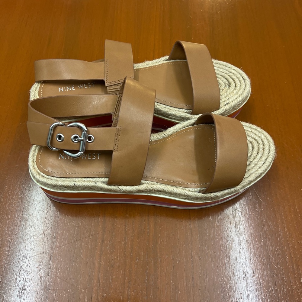 Nine West Brown Platform Shoes with Sporty Striped Midsole Wedge Sandals NWOT